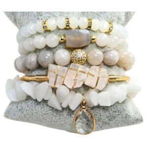 HANDMADE Natural Stone Beaded Bracelet Set 5 Stack Jade Agate Rose Quartz